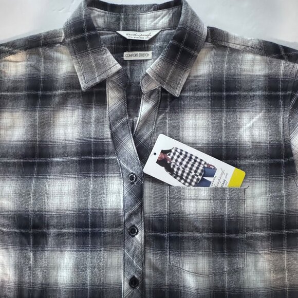 Womens Small Black Gray Flannel Weatherproof Vintage Comfort Stretch Plaid Shirt - Picture 3 of 9